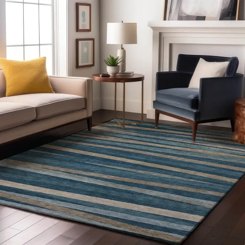 Denim Blue Ivory And Beige Striped Washable Area Rug With UV Protection Photo 4