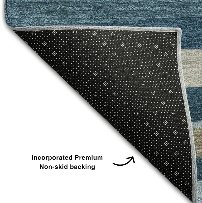 Denim Blue Ivory And Beige Striped Washable Area Rug With UV Protection Photo 6