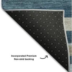 Photo of Denim Blue Ivory And Beige Striped Washable Area Rug With UV Protection