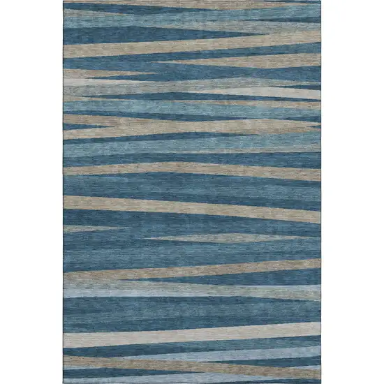 Denim Blue Ivory And Beige Striped Washable Area Rug With UV Protection Photo 1