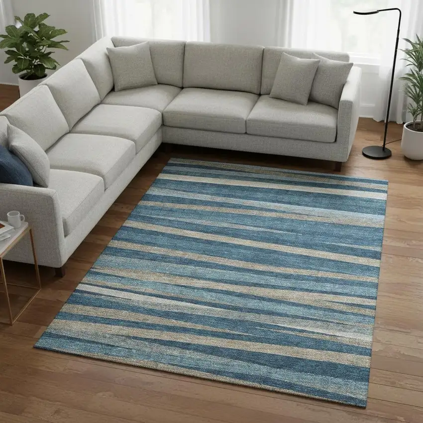 Denim Blue Ivory And Beige Striped Washable Area Rug With UV Protection Photo 2