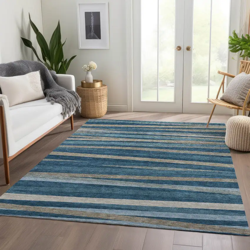 Denim Blue Ivory And Beige Striped Washable Area Rug With UV Protection Photo 5