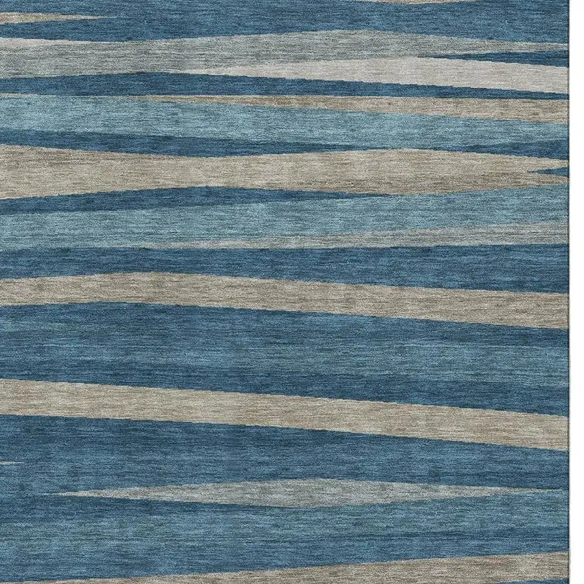 Denim Blue Ivory And Beige Striped Washable Area Rug With UV Protection Photo 2