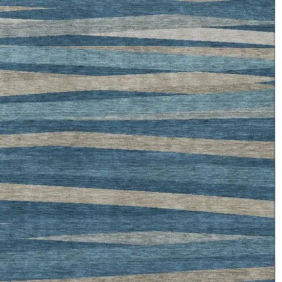 Denim Blue Ivory And Beige Striped Washable Area Rug With UV Protection Photo 2