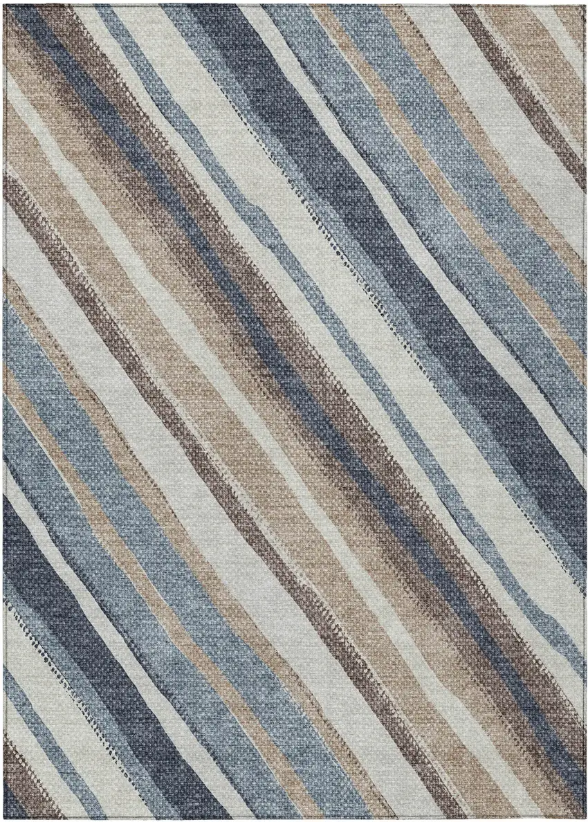 Denim Blue Ivory And Beige Striped Washable Indoor Outdoor Area Rug Photo 2