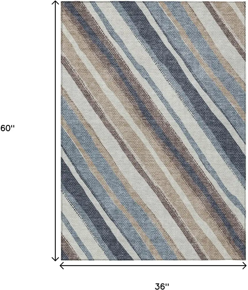 Denim Blue Ivory And Beige Striped Washable Indoor Outdoor Area Rug Photo 3