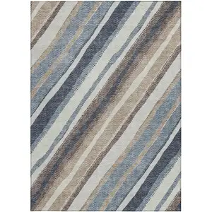Photo of Denim Blue Ivory And Beige Striped Washable Indoor Outdoor Area Rug