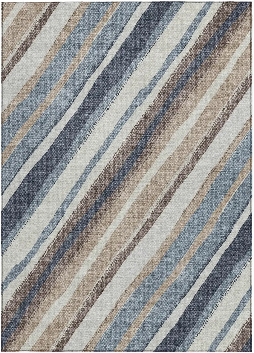 Denim Blue Ivory And Beige Striped Washable Indoor Outdoor Area Rug Photo 5