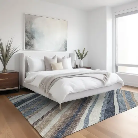 Denim Blue Ivory And Beige Striped Washable Indoor Outdoor Area Rug Photo 9