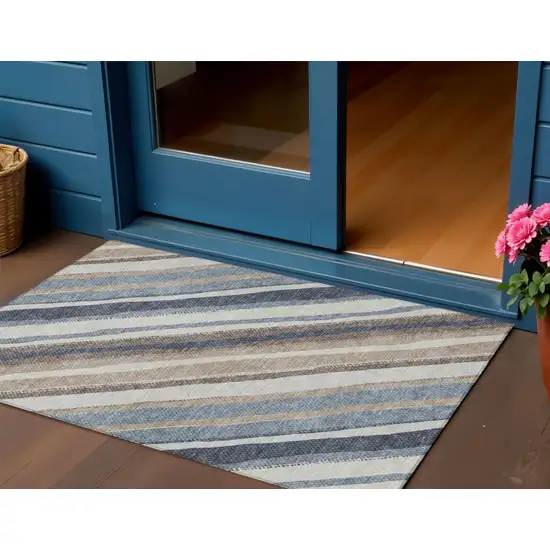 Denim Blue Ivory And Beige Striped Washable Indoor Outdoor Area Rug Photo 1