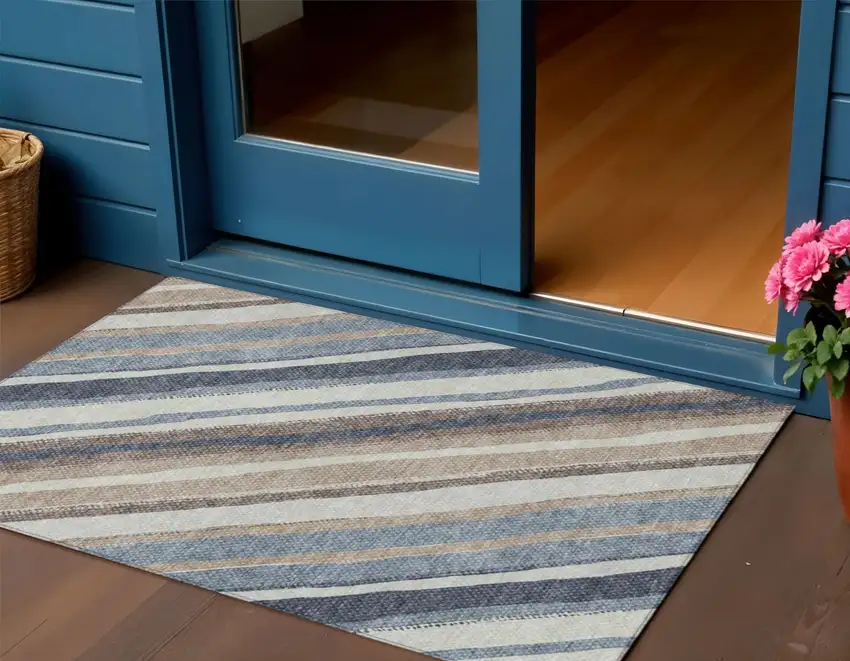 Denim Blue Ivory And Beige Striped Washable Indoor Outdoor Area Rug Photo 1