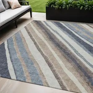 Photo of Denim Blue Ivory And Beige Striped Washable Indoor Outdoor Area Rug