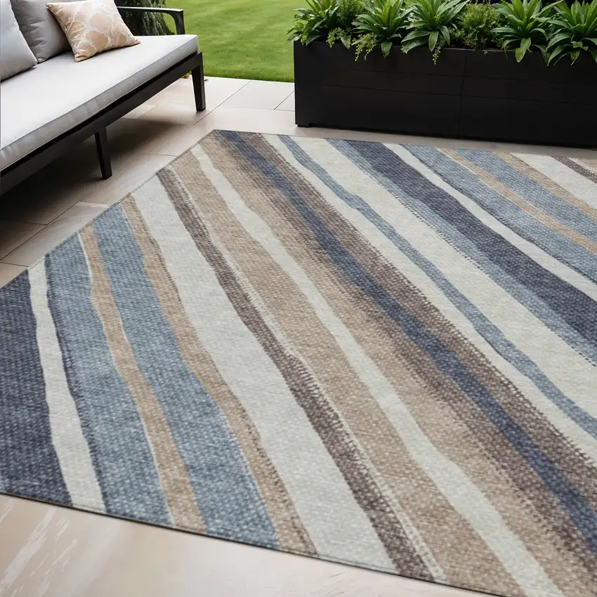 Denim Blue Ivory And Beige Striped Washable Indoor Outdoor Area Rug Photo 1