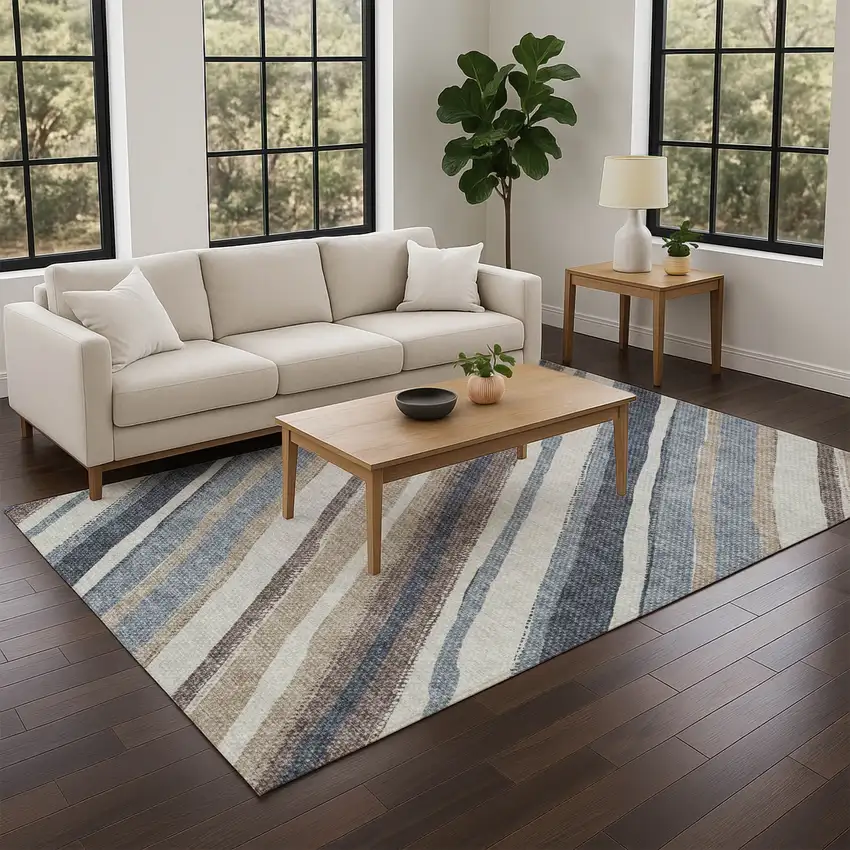 Denim Blue Ivory And Beige Striped Washable Indoor Outdoor Area Rug Photo 7