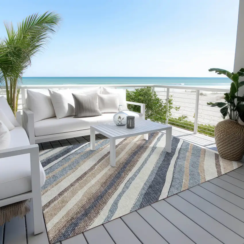 Denim Blue Ivory And Beige Striped Washable Indoor Outdoor Area Rug Photo 9