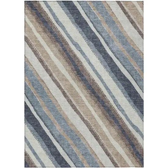 Denim Blue Ivory And Beige Striped Washable Indoor Outdoor Area Rug Photo 2