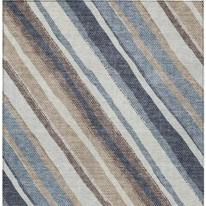 Denim Blue Ivory And Beige Striped Washable Indoor Outdoor Area Rug Photo 6