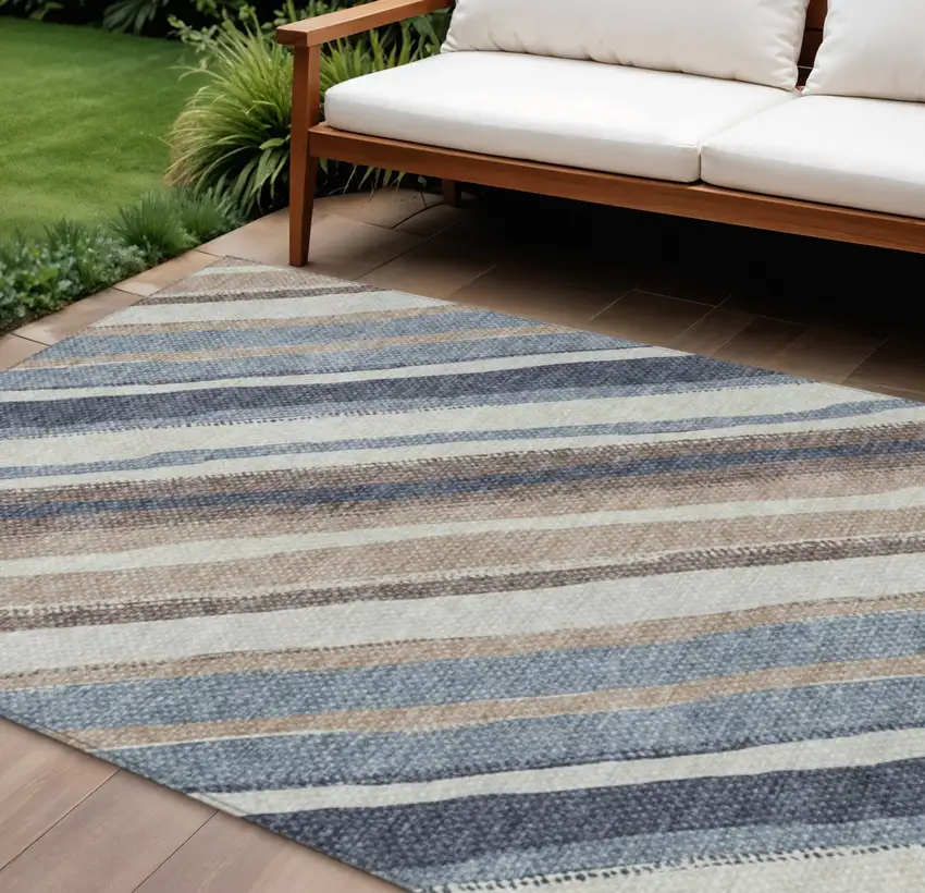 Denim Blue Ivory And Beige Striped Washable Indoor Outdoor Area Rug Photo 1