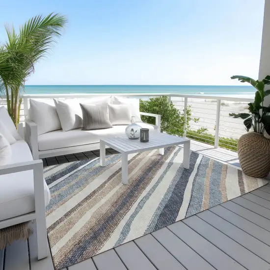 Denim Blue Ivory And Beige Striped Washable Indoor Outdoor Area Rug Photo 9