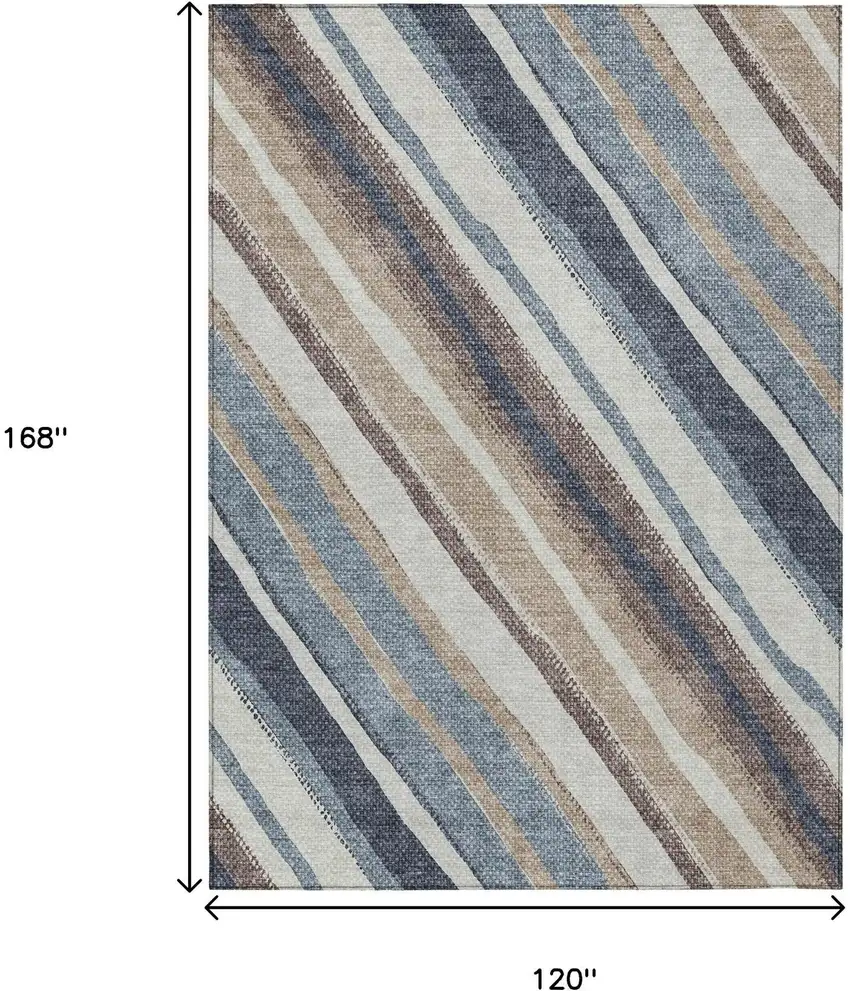 Denim Blue Ivory And Beige Striped Washable Indoor Outdoor Area Rug Photo 3