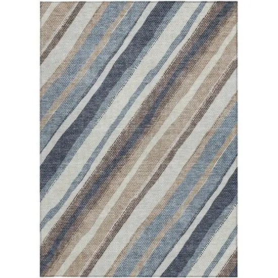 Denim Blue Ivory And Beige Striped Washable Indoor Outdoor Area Rug Photo 4