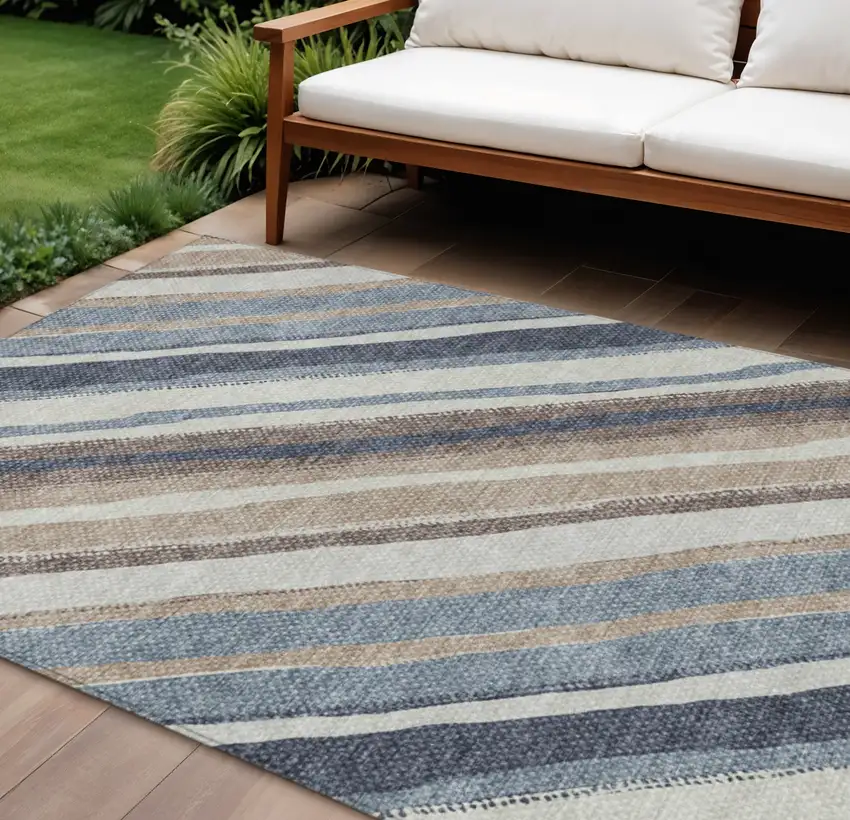 Denim Blue Ivory And Beige Striped Washable Indoor Outdoor Area Rug Photo 1