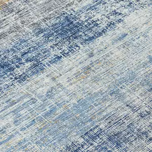 Photo of Denim Blue Ivory And Beige Striped Washable Indoor Outdoor Area Rug