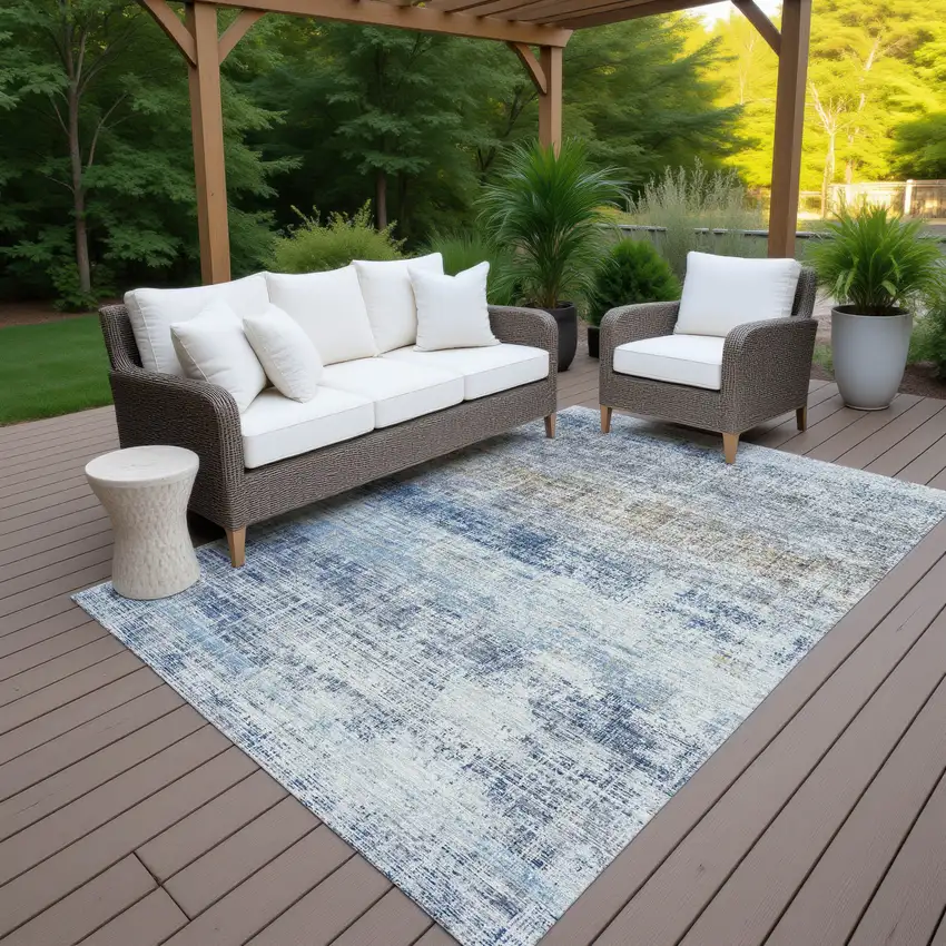 Denim Blue Ivory And Beige Striped Washable Indoor Outdoor Area Rug Photo 7