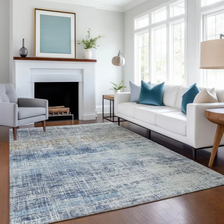 Denim Blue Ivory And Beige Striped Washable Indoor Outdoor Area Rug Photo 6