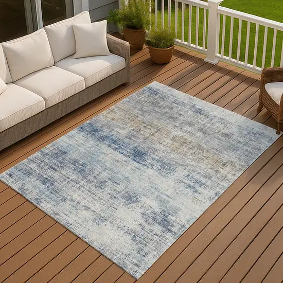 Denim Blue Ivory And Beige Striped Washable Indoor Outdoor Area Rug Photo 2