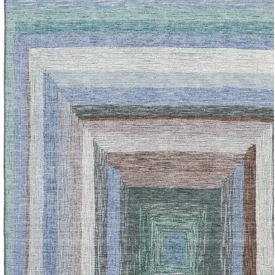 Denim Blue Ivory And Brown Geometric Washable Area Rug With UV Protection Photo 3