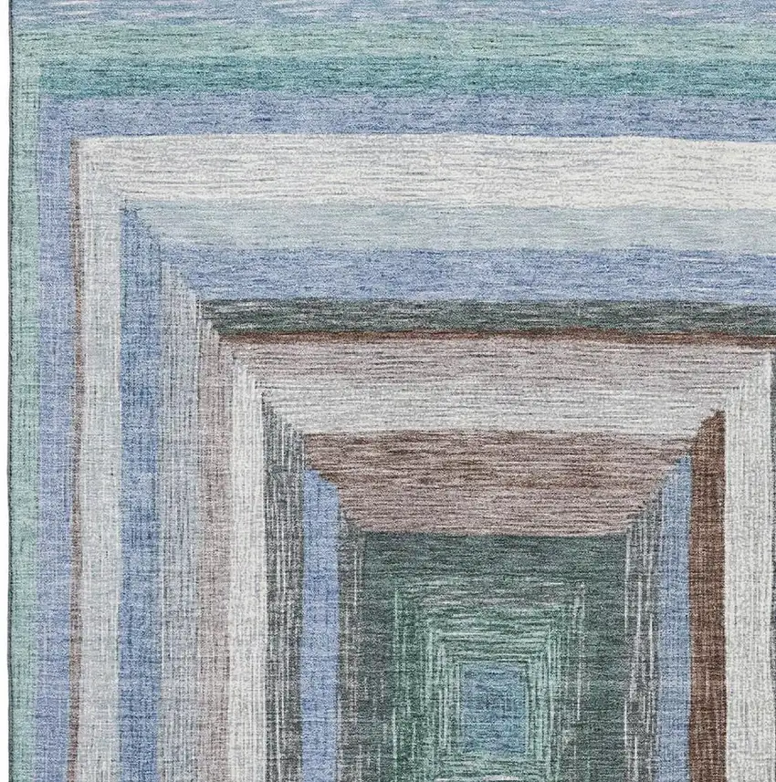 Denim Blue Ivory And Brown Geometric Washable Area Rug With UV Protection Photo 3