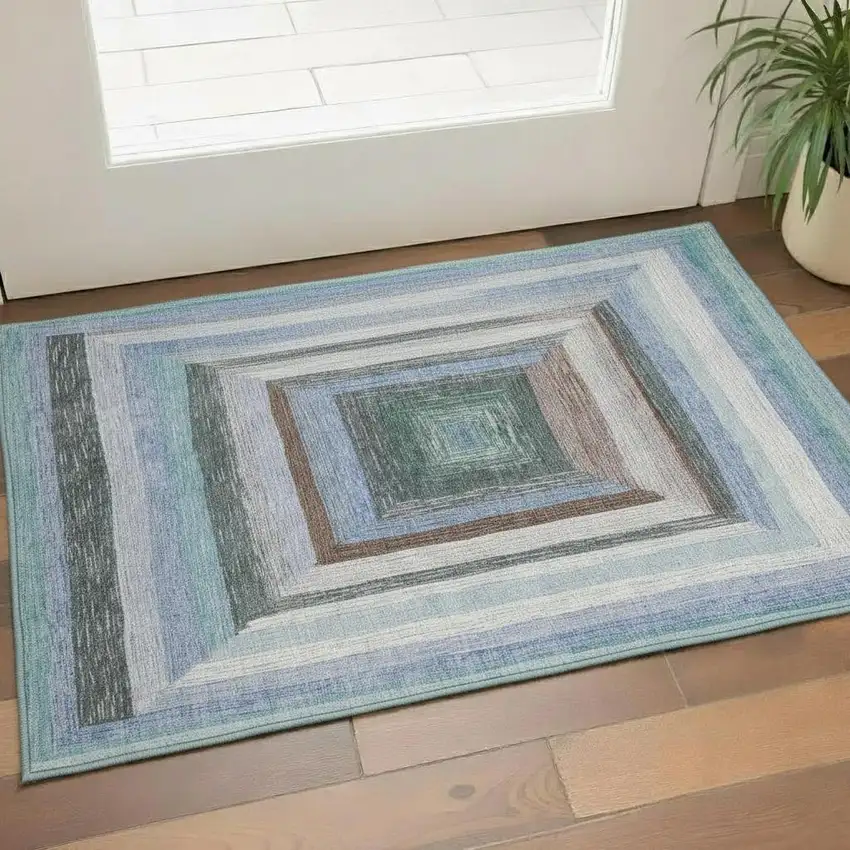 Denim Blue Ivory And Brown Geometric Washable Area Rug With UV Protection Photo 2