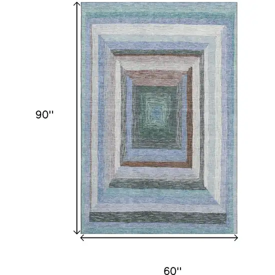 Denim Blue Ivory And Brown Geometric Washable Area Rug With UV Protection Photo 9