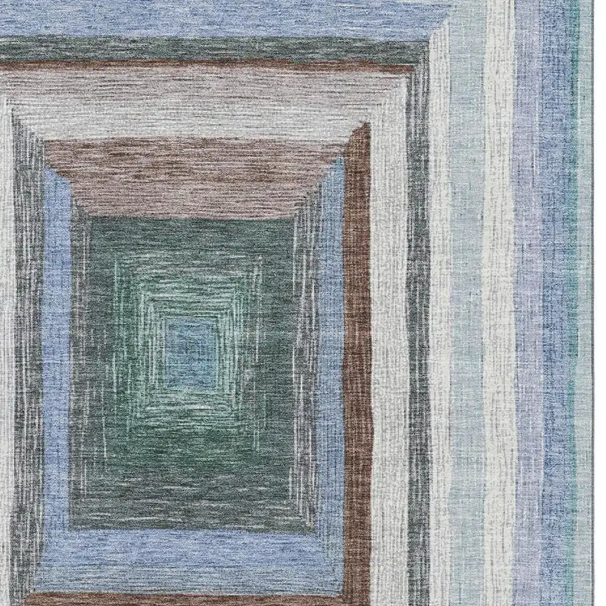 Denim Blue Ivory And Brown Geometric Washable Area Rug With UV Protection Photo 3