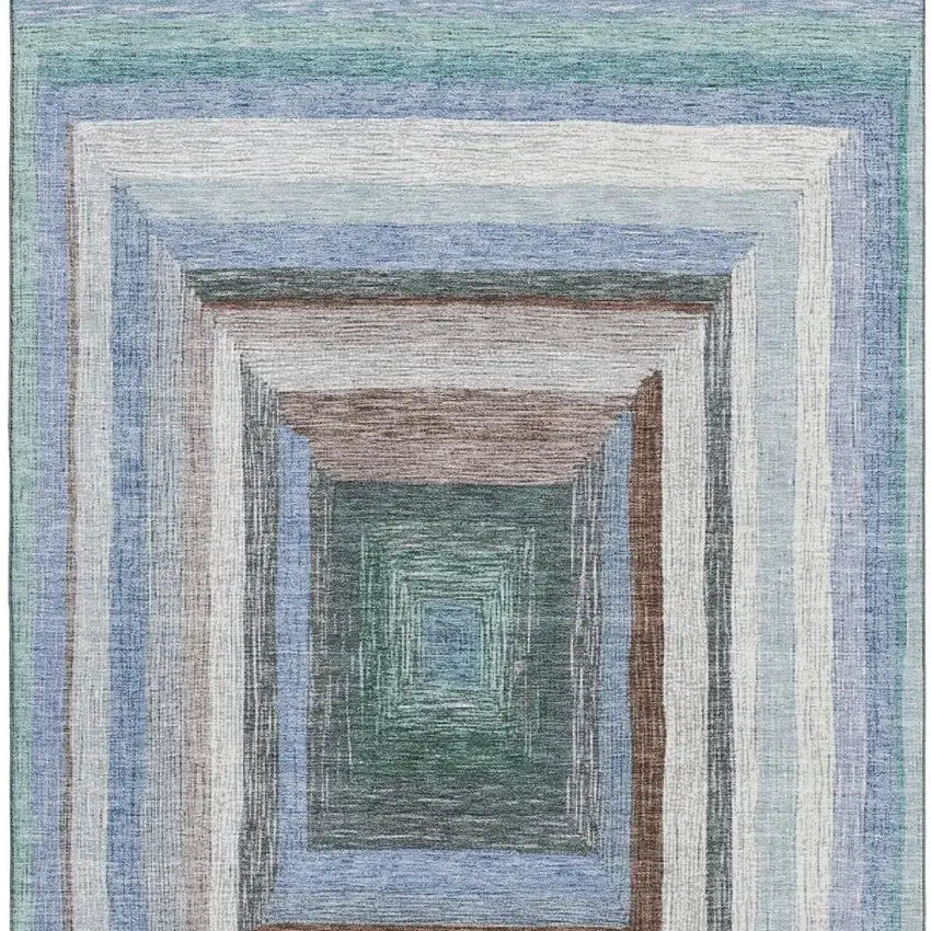 Denim Blue Ivory And Brown Geometric Washable Area Rug With UV Protection Photo 3