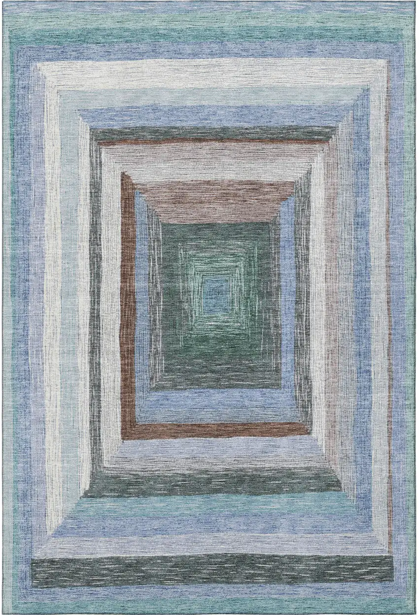 Denim Blue Ivory And Brown Geometric Washable Area Rug With UV Protection Photo 4