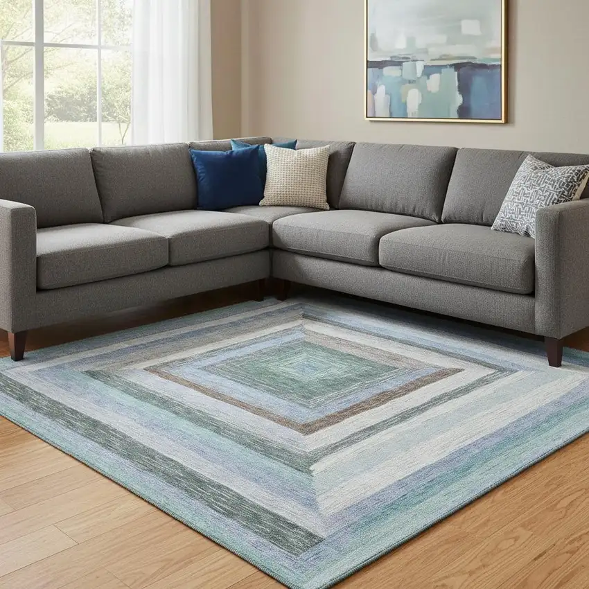 Denim Blue Ivory And Brown Geometric Washable Area Rug With UV Protection Photo 2