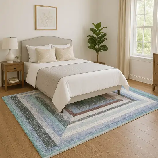 Denim Blue Ivory And Brown Geometric Washable Area Rug With UV Protection Photo 5