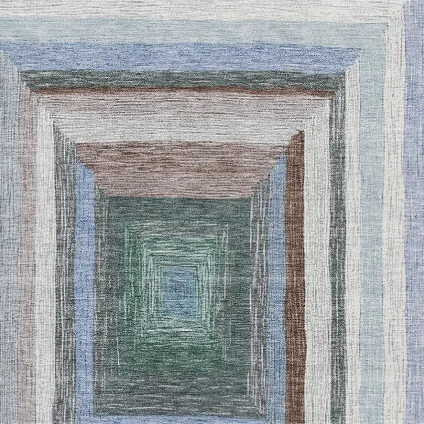 Denim Blue Ivory And Brown Geometric Washable Area Rug With UV Protection Photo 3