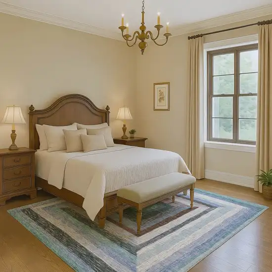 Denim Blue Ivory And Brown Geometric Washable Area Rug With UV Protection Photo 6