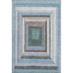 Photo of Denim Blue Ivory And Brown Geometric Washable Area Rug With UV Protection
