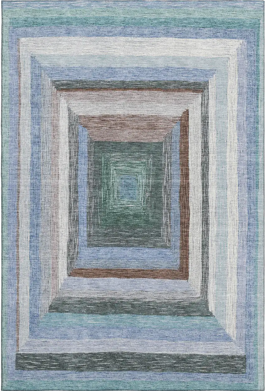 Denim Blue Ivory And Brown Geometric Washable Area Rug With UV Protection Photo 1