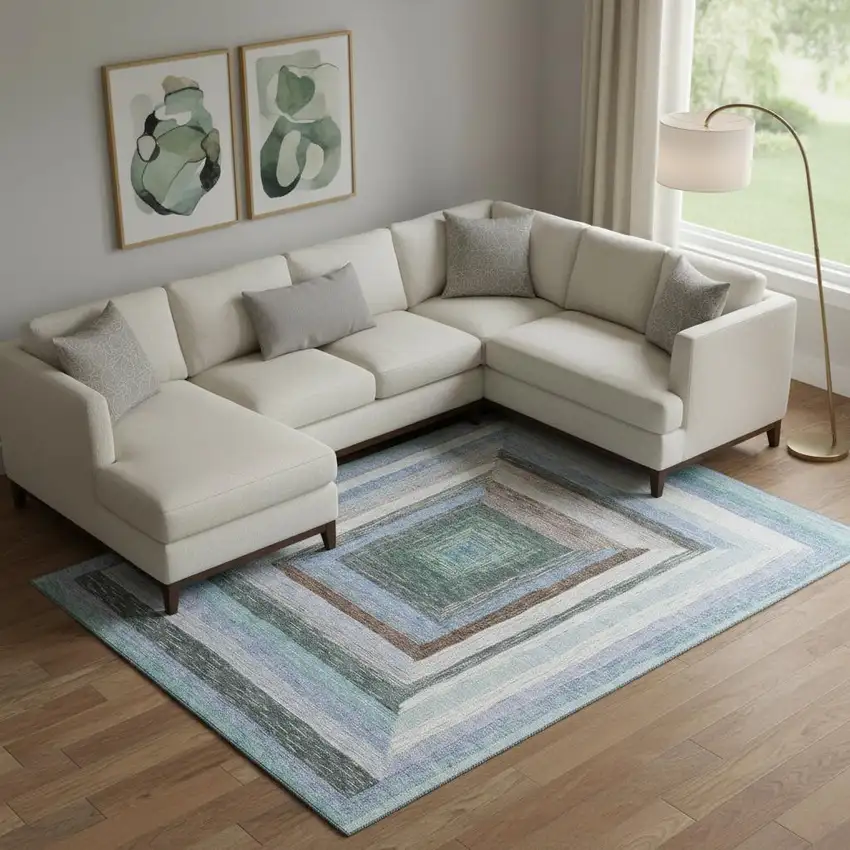 Denim Blue Ivory And Brown Geometric Washable Area Rug With UV Protection Photo 2