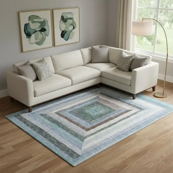 Denim Blue Ivory And Brown Geometric Washable Area Rug With UV Protection Photo 2