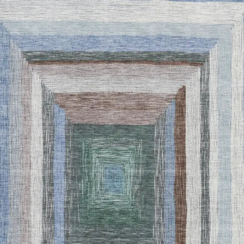 Denim Blue Ivory And Brown Geometric Washable Area Rug With UV Protection Photo 3