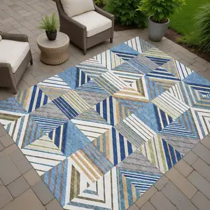 Photo of Denim Blue Ivory And Brown Patchwork Washable Indoor Outdoor Area Rug