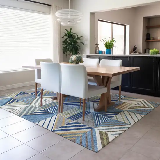 Denim Blue Ivory And Brown Patchwork Washable Indoor Outdoor Area Rug Photo 4