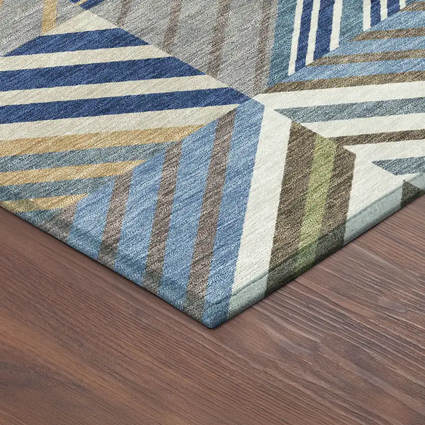 Denim Blue Ivory And Brown Patchwork Washable Indoor Outdoor Area Rug Photo 9