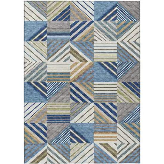Denim Blue Ivory And Brown Patchwork Washable Indoor Outdoor Area Rug Photo 7